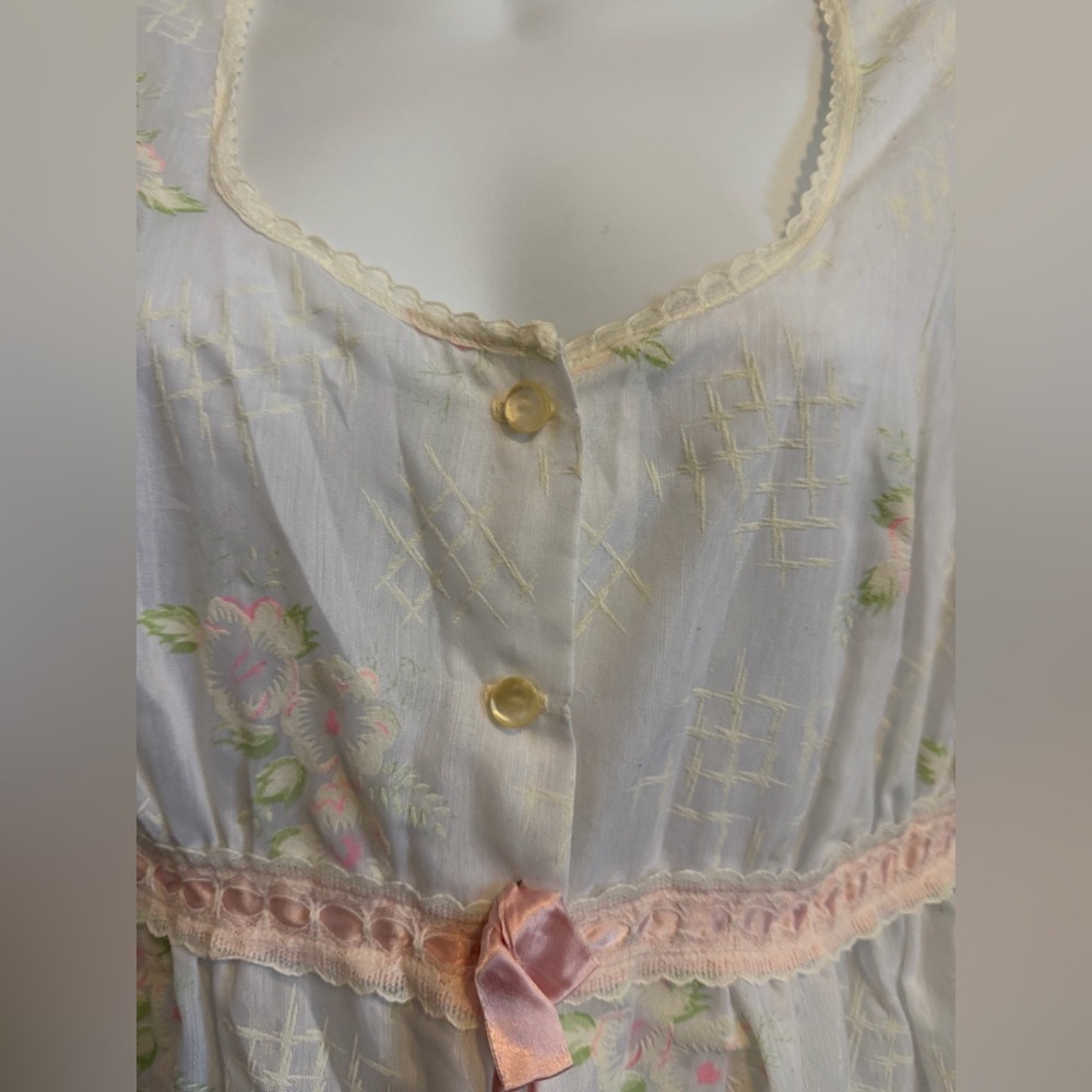 Vintage Floral Lace Trim Empire Waist Maxi Nightgown White prairie Cottagecore M - Picture 2 of 7